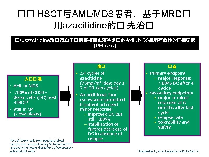 �� HSCT后AML/MDS患者，基于MRD� 用azacitidine的� 先治� � 估azacitidine治� 造血干� 胞移植后血液学复� 的AML/MDS患者有效性的II期研究 (RELAZA) 治� 入�� 准 •