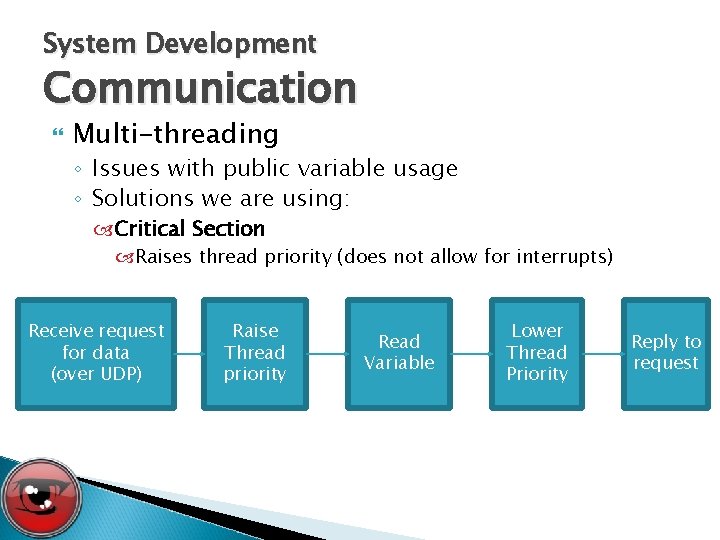 System Development Communication Multi-threading ◦ Issues with public variable usage ◦ Solutions we are