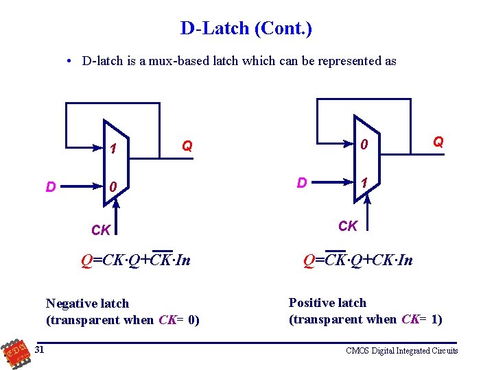 D-Latch (Cont. ) • D-latch is a mux-based latch which can be represented as