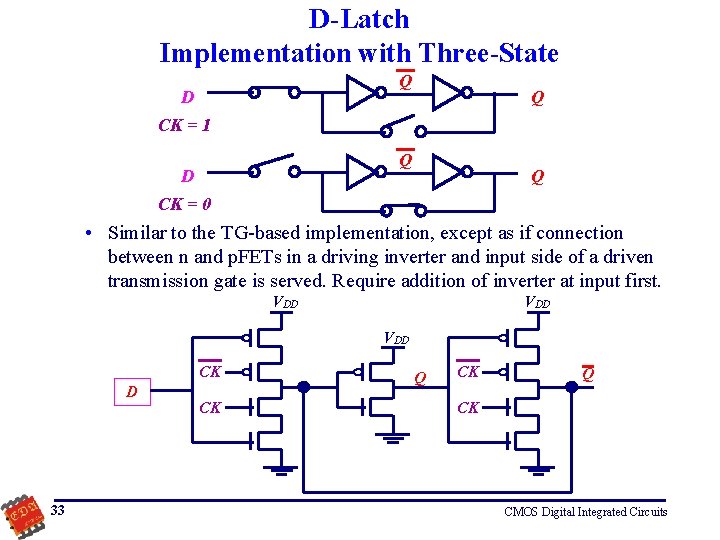 D-Latch Implementation with Three-State Q D Q CK = 1 Q D Q CK