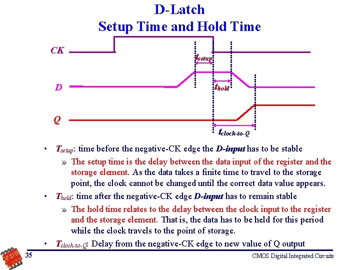 D-Latch Setup Time and Hold Time CK D tsetup thold Q tclock-to-Q • Tsetup: