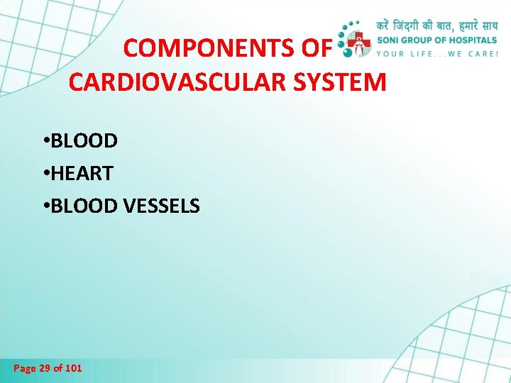 COMPONENTS OF CARDIOVASCULAR SYSTEM • BLOOD • HEART • BLOOD VESSELS Page 29 of