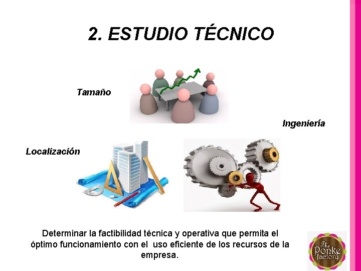 2. ESTUDIO TÉCNICO Tamaño Ingeniería Localización Determinar la factibilidad técnica y operativa que permita