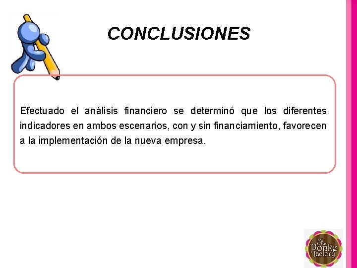 CONCLUSIONES Efectuado el análisis financiero se determinó que los diferentes indicadores en ambos escenarios,