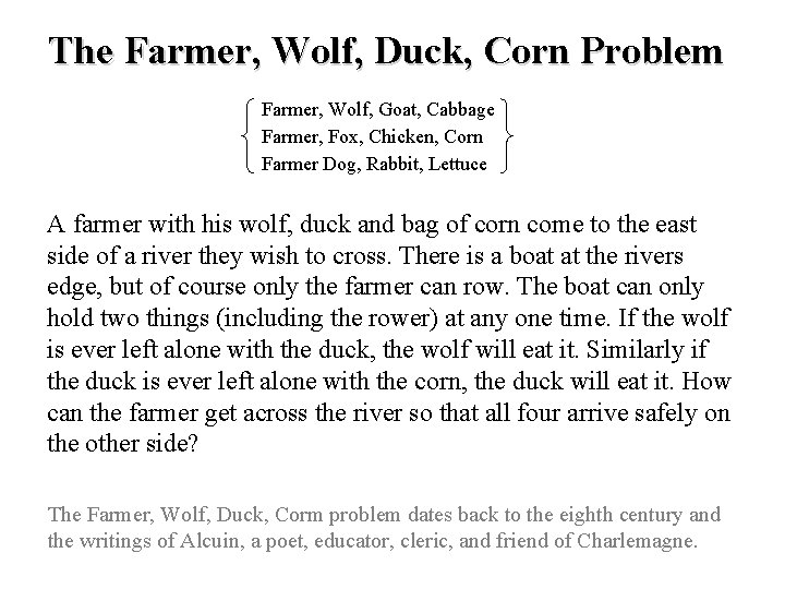 The Farmer, Wolf, Duck, Corn Problem Farmer, Wolf, Goat, Cabbage Farmer, Fox, Chicken, Corn