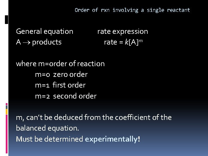 Order of rxn involving a single reactant General equation A products rate expression rate