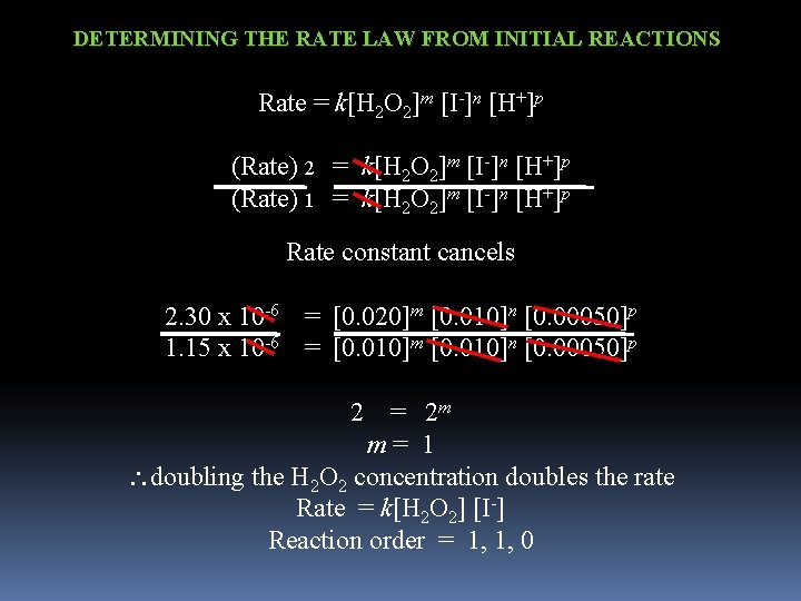 DETERMINING THE RATE LAW FROM INITIAL REACTIONS Rate = k[H 2 O 2]m [I-]n