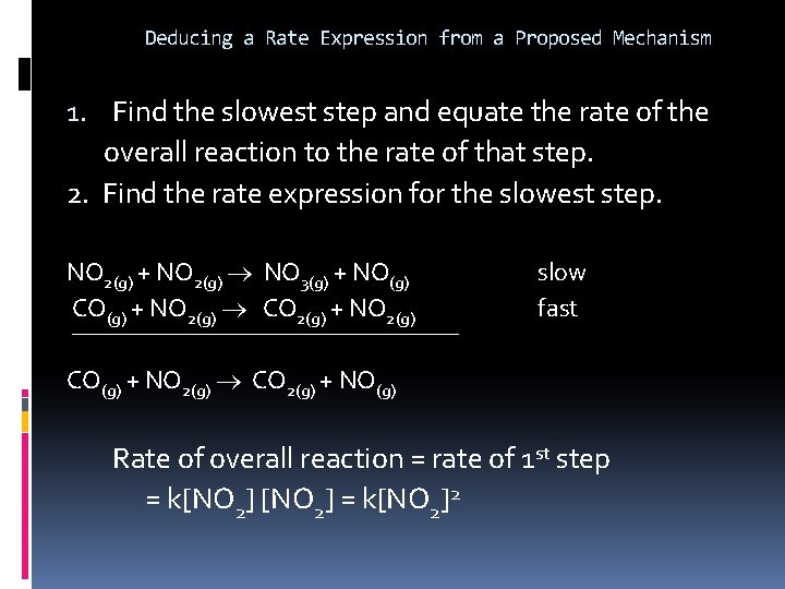 Deducing a Rate Expression from a Proposed Mechanism 1. Find the slowest step and