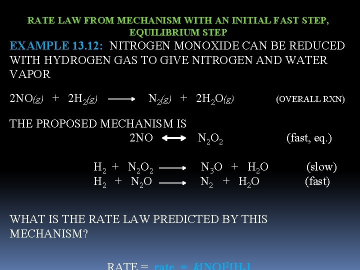 RATE LAW FROM MECHANISM WITH AN INITIAL FAST STEP, EQUILIBRIUM STEP EXAMPLE 13. 12: