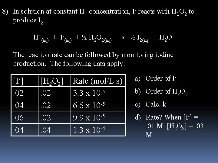 8) In solution at constant H+ concentration, I- reacts with H 2 O 2