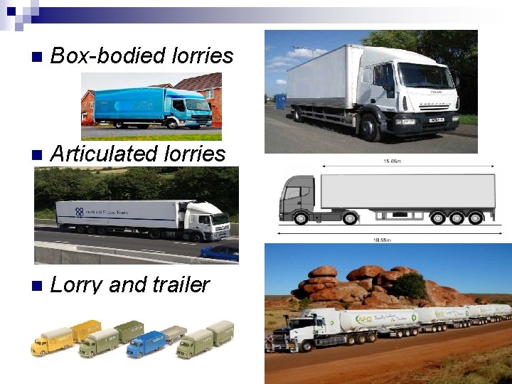 n Box-bodied lorries n Articulated lorries n Lorry and trailer 