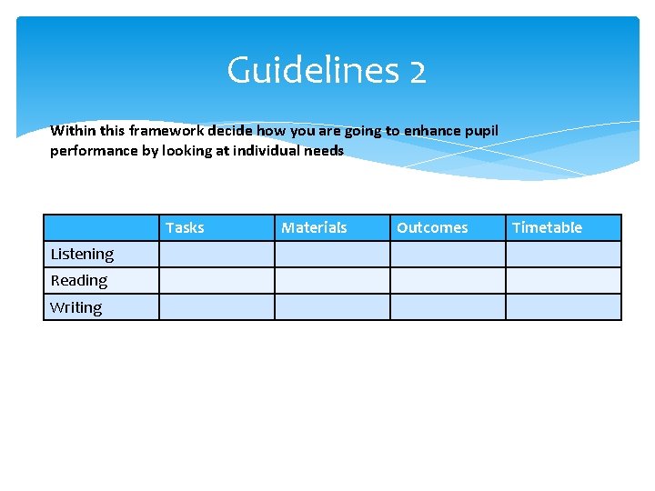 Guidelines 2 Within this framework decide how you are going to enhance pupil performance