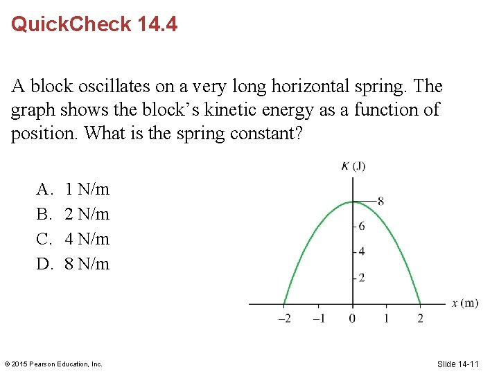 Quick. Check 14. 4 A block oscillates on a very long horizontal spring. The