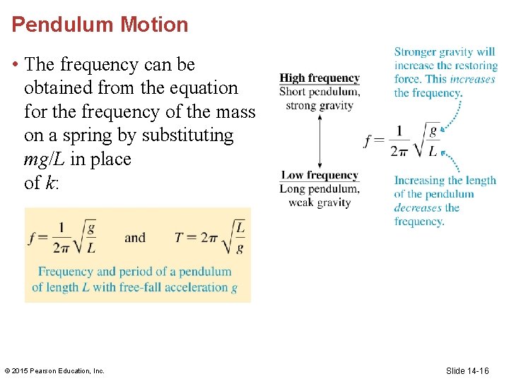 Pendulum Motion • The frequency can be obtained from the equation for the frequency