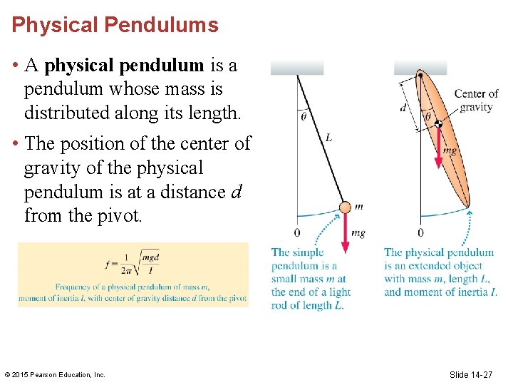 Physical Pendulums • A physical pendulum is a pendulum whose mass is distributed along