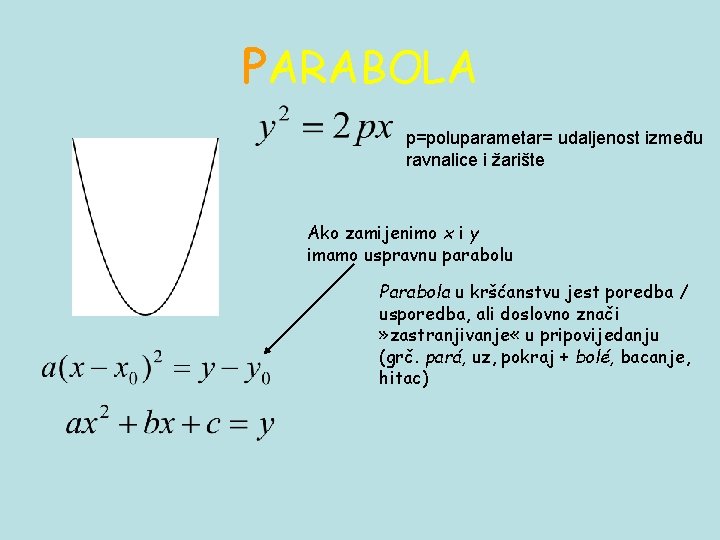 PARABOLA p=poluparametar= udaljenost između ravnalice i žarište Ako zamijenimo x i y imamo uspravnu