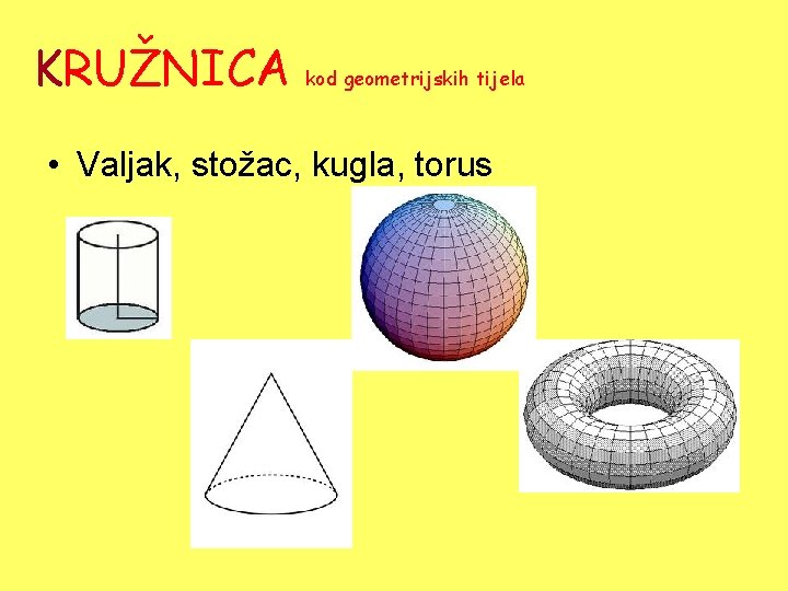KRUŽNICA kod geometrijskih tijela • Valjak, stožac, kugla, torus KRUŽNICA kod geometrijskih tijela • Valjak, stožac, kugla, torus