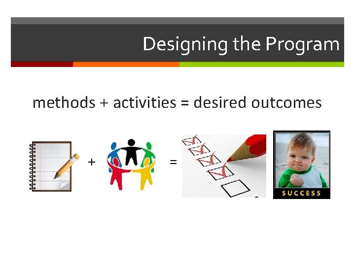 Designing the Program methods + activities = desired outcomes + = 