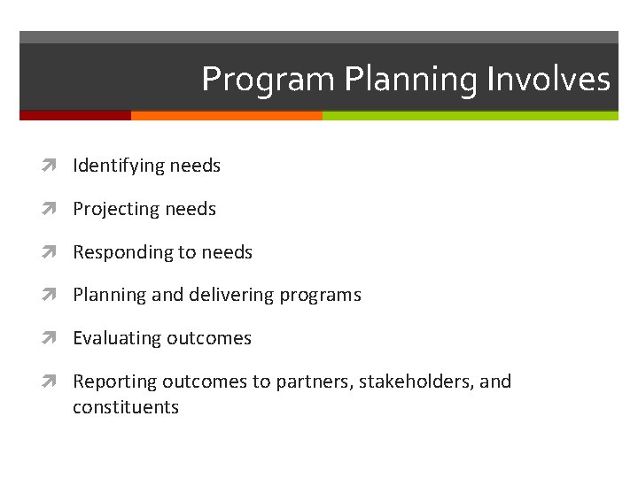 Program Planning Involves Identifying needs Projecting needs Responding to needs Planning and delivering programs