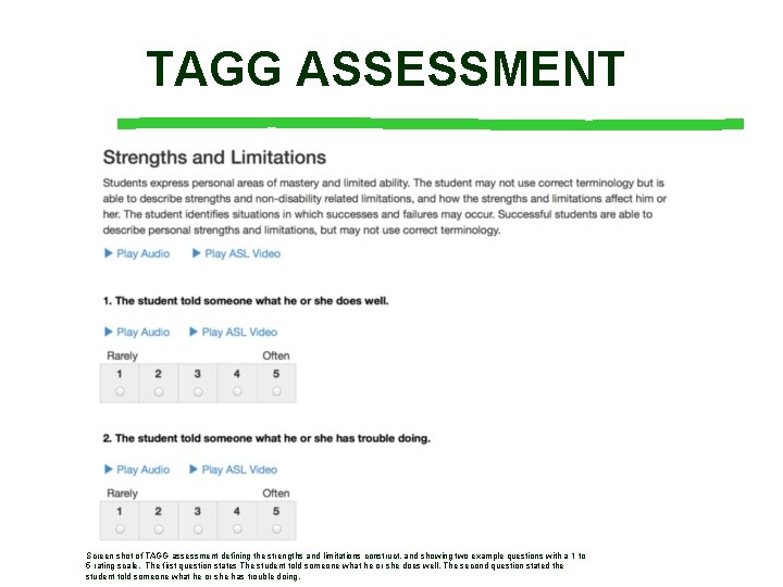 TAGG ASSESSMENT Screen shot of TAGG assessment defining the strengths and limitations construct, and