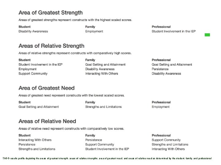 TAGG results profile depicting the areas of greatest strength, areas of relative strengths, area