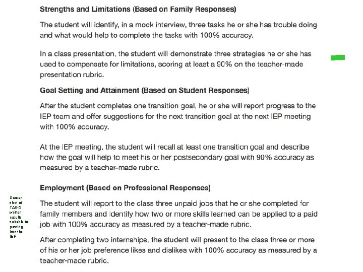 Screen shot of TAGG written results suitable for pasting into the IEP 