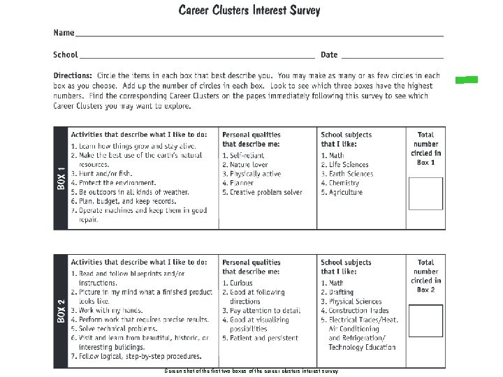 Screen shot of the first two boxes of the career clusters interest survey 