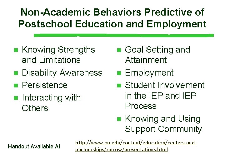 Non-Academic Behaviors Predictive of Postschool Education and Employment n n Knowing Strengths and Limitations