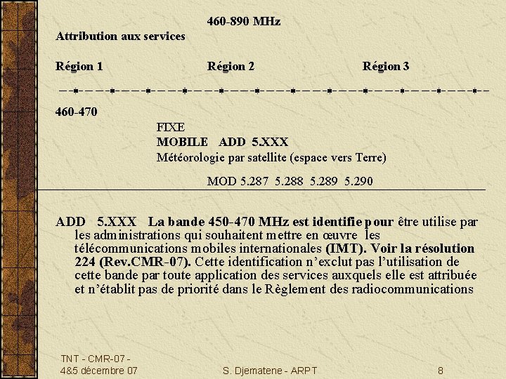 460 -890 MHz Attribution aux services Région 1 Région 2 Région 3 460 -470