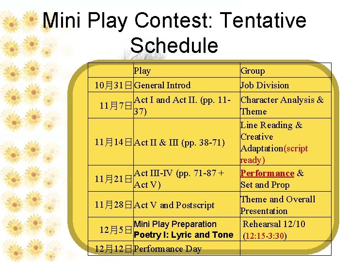 Mini Play Contest: Tentative Schedule Play 10月31日General Introd Act I and Act II. (pp.