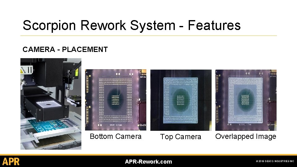 Scorpion Rework System - Features CAMERA - PLACEMENT Bottom Camera Top Camera APR-Rework. com Scorpion Rework System - Features CAMERA - PLACEMENT Bottom Camera Top Camera APR-Rework. com