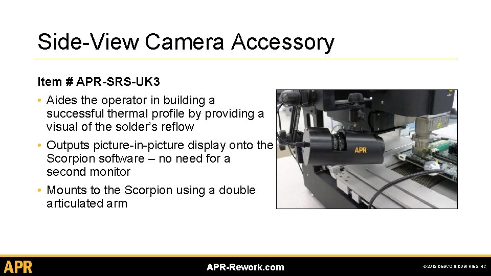 Side-View Camera Accessory Item # APR-SRS-UK 3 • Aides the operator in building a Side-View Camera Accessory Item # APR-SRS-UK 3 • Aides the operator in building a