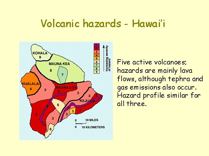 Volcanic hazards - Hawai’i Five active volcanoes; hazards are mainly lava flows, although tephra