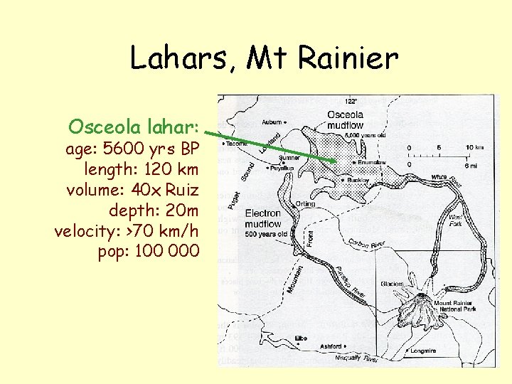 Lahars, Mt Rainier Osceola lahar: age: 5600 yrs BP length: 120 km volume: 40