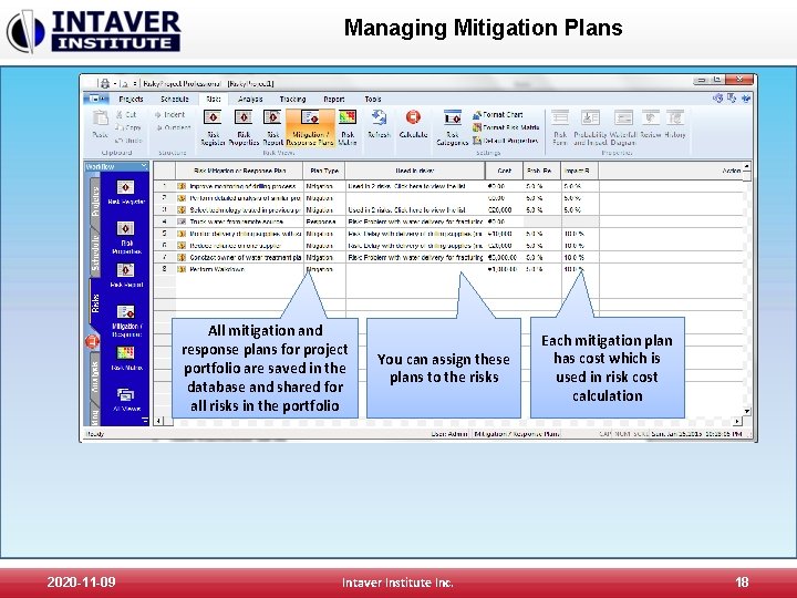 Managing Mitigation Plans All mitigation and response plans for project portfolio are saved in