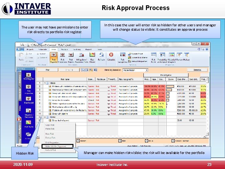 Risk Approval Process The user may not have permissions to enter risk directly to