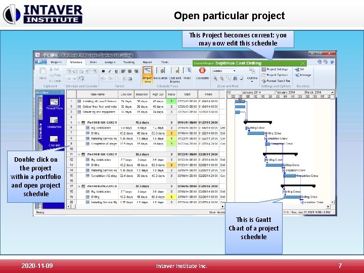 Open particular project This Project becomes current: you may now edit this schedule Double