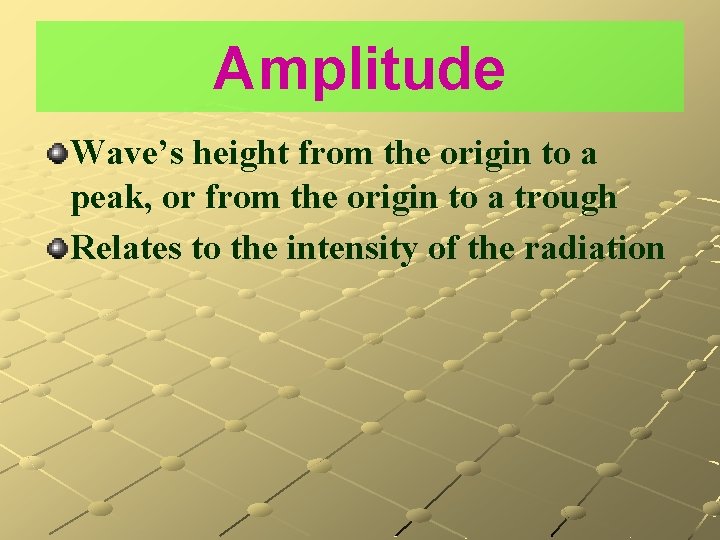 Amplitude Wave’s height from the origin to a peak, or from the origin to