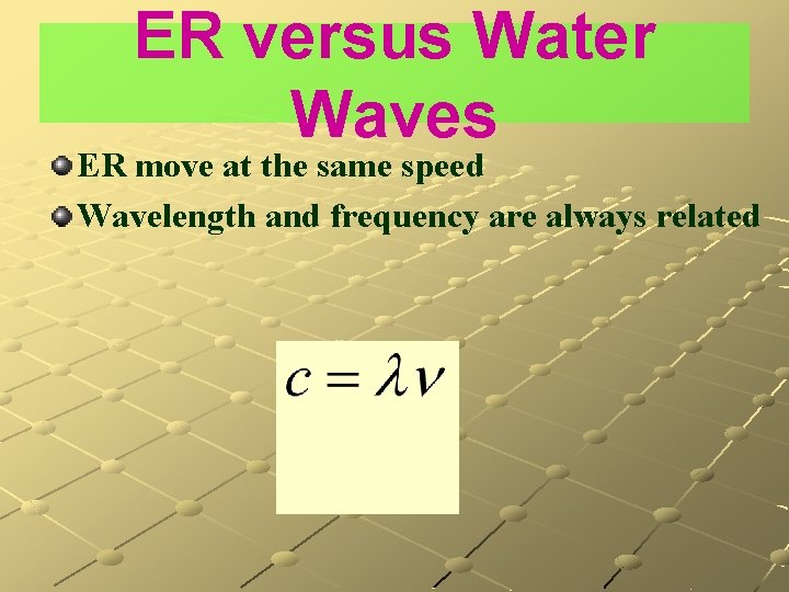 ER versus Water Waves ER move at the same speed Wavelength and frequency are