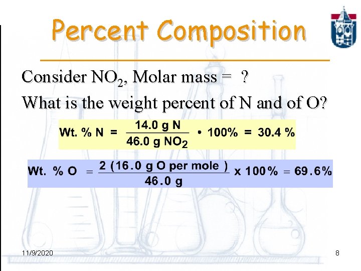 Percent Composition Consider NO 2, Molar mass = ? What is the weight percent