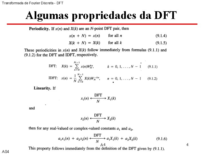 Transformada de Fourier Discreta - DFT Algumas propriedades da DFT A 4 A 04