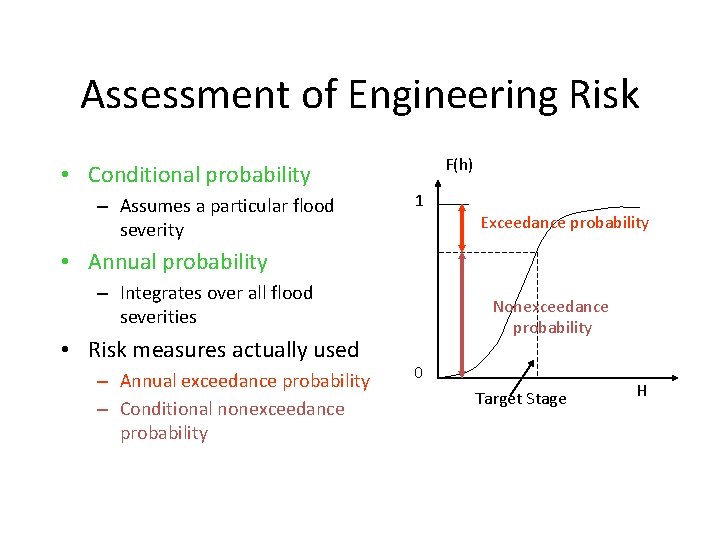 Assessment of Engineering Risk F(h) • Conditional probability – Assumes a particular flood severity
