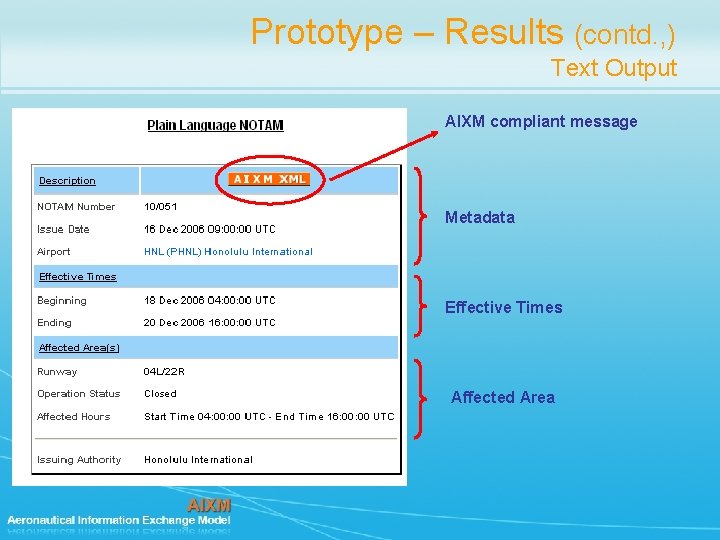 Prototype – Results (contd. , ) Text Output AIXM compliant message Metadata Effective Times Prototype – Results (contd. , ) Text Output AIXM compliant message Metadata Effective Times