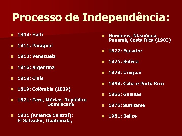 Processo de Independência: n 1804: Haiti n 1811: Paraguai n n n n Honduras,