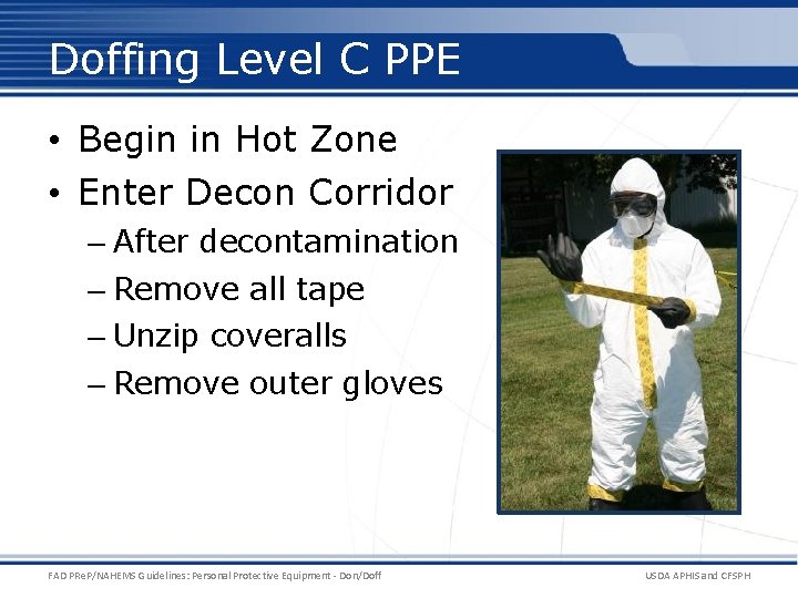 Doffing Level C PPE • Begin in Hot Zone • Enter Decon Corridor –