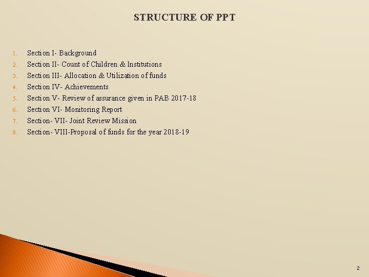 STRUCTURE OF PPT 1. 2. 3. 4. 5. 6. 7. 8. Section I- Background
