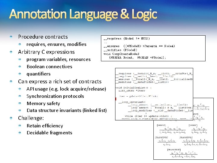 Annotation Language & Logic Procedure contracts requires, ensures, modifies Arbitrary C expressions program variables,