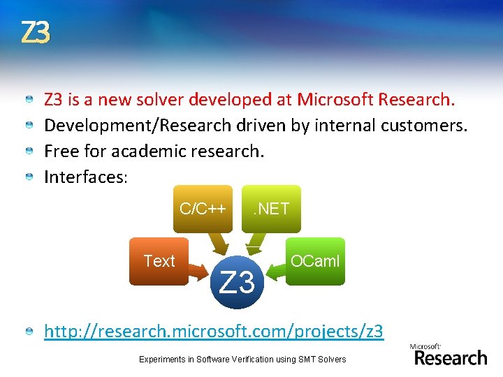 Z 3 is a new solver developed at Microsoft Research. Development/Research driven by internal