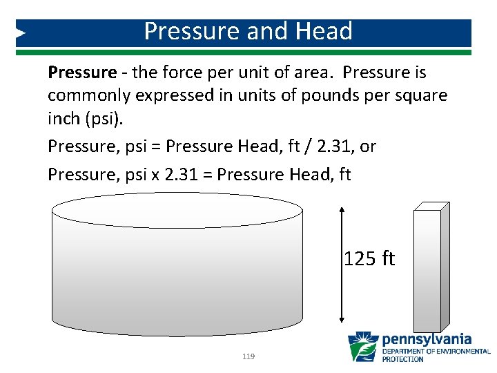 Pressure and Head Pressure - the force per unit of area. Pressure is commonly
