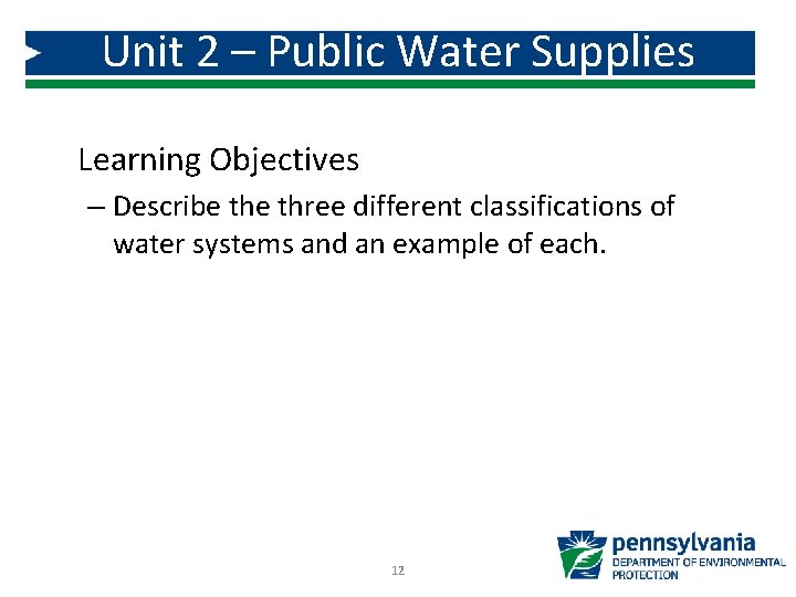 Unit 2 – Public Water Supplies System Classifications Learning Objectives – Describe three different